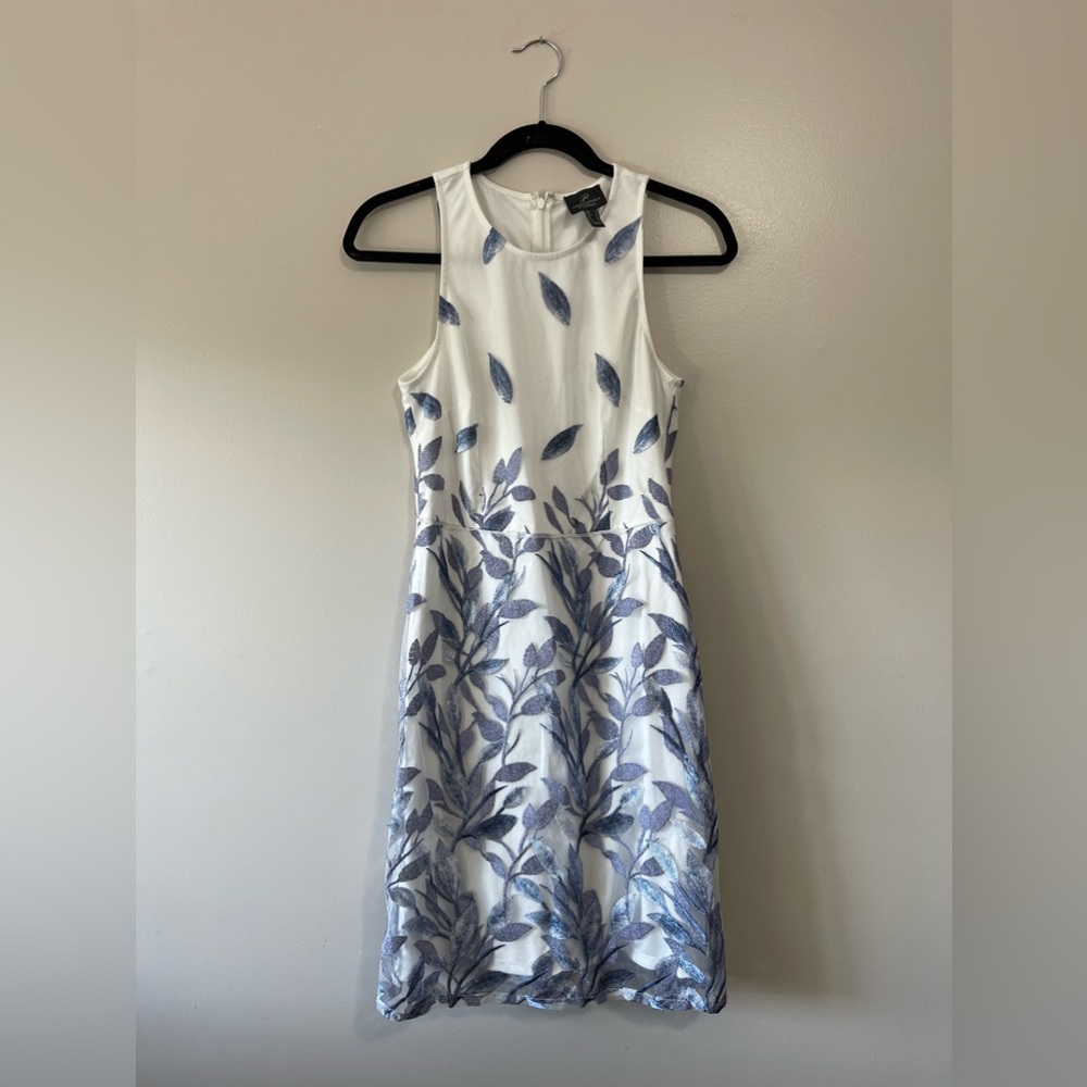 Adriana Papell Blue and White Embroidered Sheath Dress